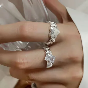 Жените естетически нередовни нарязване сърце кристал пръстен Y2K отваряне регулируема 2023 мода модерен пръстени бижута подарък