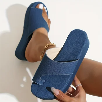 Дизайнерски дамски чехли 2023 Летни обувки Мода Деним джапанки Платформа Ежедневни женски обувки Размер 42 Модерни слайдове Mujer