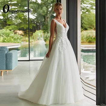 Osquernovia Класически безгръбначни A-line тюл сватбени рокли 2023 V-образно деколте апликации резервоар без ръкави роба де Марие клиент направени