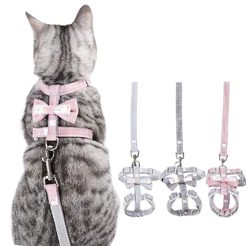 Bowknot Pet Cat Harness Vest Leash Pet Регулируеми полиестерни дишащи колани Пешеходна каишка за котенце кученце Малко средно куче