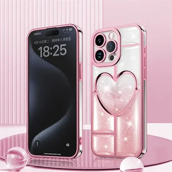 Луксозен обшивка Bling блясък 6D любов сърце телефон случай за iPhone 15 Pro Max 11 13 12 14 Pro блестяща камера защита задния капак