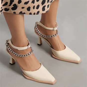  Дамски обувки на висок ток 2023 Пролетна луксозна метална верига Секси парти Обратно Празни изкривени заострени пръсти Обувки Размер 43 Дропшопинг