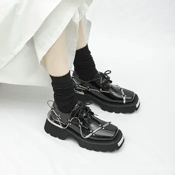 Пролетна декорация платформа обувки дама кожа британски стил площад дерби обувки черен дебел ток дама ботуши