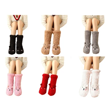 Жените зимни дебели топли изкуствена руно облицовани чорапи карикатура мечка плътен цвят размита термични без плъзгане чехъл трикотаж крак