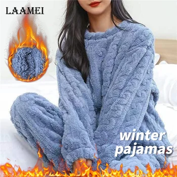 есен зима топло фланела жени пижами комплекти дебел корал кадифе дълъг ръкав твърди спално облекло фланела пижами домашно облекло