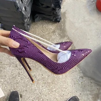 12cm Луксозен лилав жена висок ток обувки плитка уста заострени пръсти приплъзване на уникални обувки четири сезона всички игра модел змии Sh