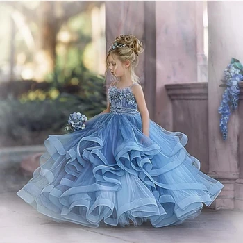 Прашно синьо цвете момиче рокли за сватбена роба De Mariage детски конкурс рокли тюл разрошени първото причастие