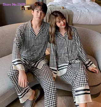 Silk Like Houndstooth Дамски пижами Комплект Моден стил Женска двойка Спално облекло Начало Дрехи за мъже Нощно облекло Пижами Комплекти