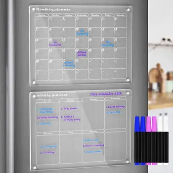 1PC Акрилен магнитен календар Изчистване на хладилника Суха дъска за изтриване за многократна употреба Месечен и седмичен плановик Календар Бяла дъска