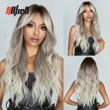 Ash Gray Brown Blonde Ombre Wigs Long Wavy Synthetic Wig for Women Афро естествена къдрава коса с бретон Топлоустойчива Cospaly перука