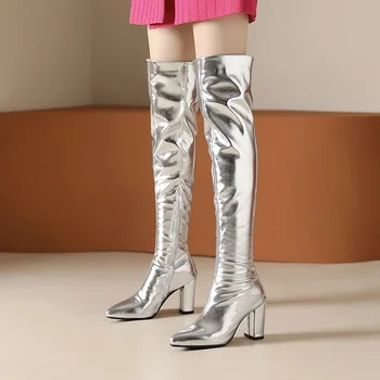 Зима Плюс размер 40-45 Секси бедрото високи ботуши дълго над коляното злато сребърен блок висок ток обувка дамски обувки заострени пръсти Botas 2023