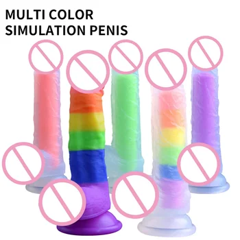 Цветни кристални течни силиконови вибратори Женска мастурбация Анален секс играчки Реалистичен пенис всмукване чаша голям хуй възрастен