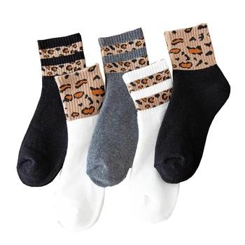 5 чифт леопард печат кашмир чорапи жени зимата дебела мода ивица дълго запази топли чорапи колоездене спорт улица етаж крак покритие