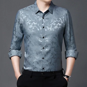 китайски стил бронзови ризи за мъже дълъг ръкав мода случайни високо качество меки удобни коприна измиване и износване Chemise Homme