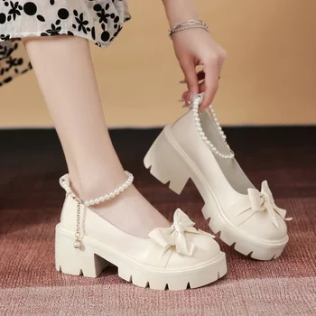 Перли Лолита Мери Джейн обувки платформа обувки жени пролетта плътен цвят дебел дъното светлина кожени обувки