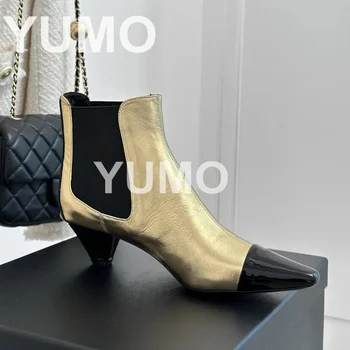 Жени размер 41 естествена кожа Челси ботуши мед токчета глезена ботуши цвят мач дизайнерски обувки посочи пръсти Roman Zapatillas Mujer