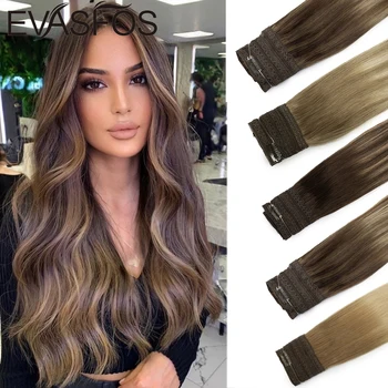 Fish Line Hair Extension Ombre Wire Human Hair Extension Straight Natural Remy Hair Balayage Hairpiece with 4 Clips For Women