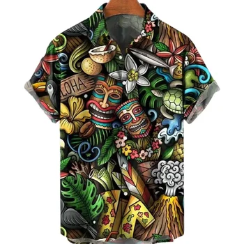 2023 Мъжка риза плаж стил къс ръкав череп 3D отпечатани хавайски риза плюс размер лято случайни бутон ревера лято отгоре