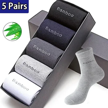 5 чифта мъже бамбукови влакна чорапи мода плътен цвят средата тръба спортни чорапи дишаща без пилинг бизнес случайни чорапи ЕС 38-44