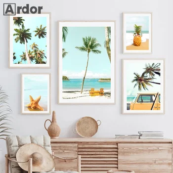 Остров платно живопис жълт автобус ананас плакат синьо море плаж Nordic кокосово дърво печат стена снимки за хол декор