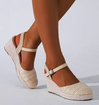LIHUAMAO Испания стил Бежова мрежа комфорт клинове платформа сандали жени espadrilles петата помпи комфорт csaual обувки