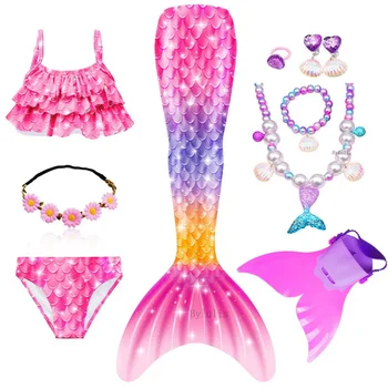Детски плуване русалка опашка русалка бански момичета Хелоуин костюм косплей деца фантазия плаж бикини може да добави монофин перка