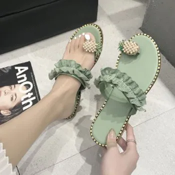 2023 Дамски сандали чехли обувки плоски джапанки низ мъниста лятна мода клинове жена слайдове ананас дама случайни mujer