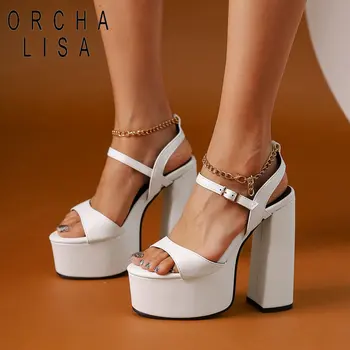 ORCHA LISA Дамски сандали Peep Toe Ultrahigh Heels 14cm Платформа Hill 5cm Buckle Strap Chain Секси парти обувки голям размер 41 42 43