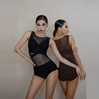 Национален стандарт Танц Латино танц момичета секси топ рокля 2023 Нова тренировъчна рокля Mesh без ръкави Боди YD266