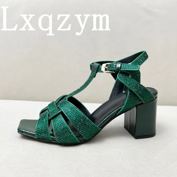 Bling Summer Square Toe Slingback сандали размер 44 Sequined ClothКласическа мода Открит комфорт Подиум обувки високо качество