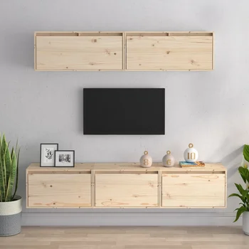 5 броя масивен дървен бор за телевизионни мебели Стенен висящ шкаф комбинация 180см ТВ шкаф