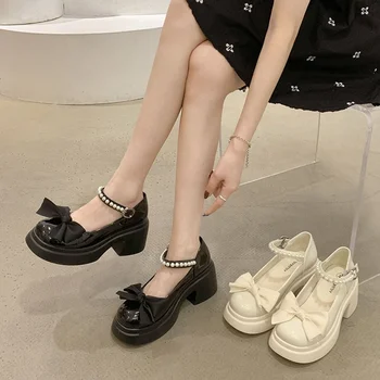 Кръгли пръсти Kawaii Lolita обувки Жена Ежедневни елегантни чисти цветни лъкови помпи Неплъзгащи се корейски обувки в корейски стил Шик Лято 2023