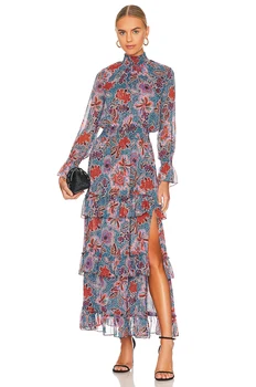 2024 Нова модна печатна рокля Дамска копринена група дълъг стил