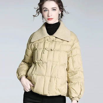 Janveny 2023 Нов зимен плетен голям ревера кратко катарама буферно яке жени бутон нагоре 90 бяла патица надолу лек хляб палто