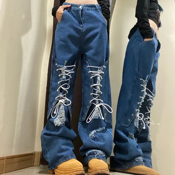 High Street Casual Lace up Ripped Baggy Jeans Women's Y2K Fashion Design Hip Hop Pants Couples Floor Length Jeans Baggy Pants