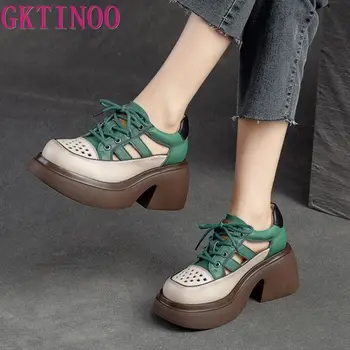 GKTINOO Жени Сандали GLADIATOR 2023 Летни обувки Дебела платформа за подметка Жени Обувки от естествена кожа Кухи тъкани обувки