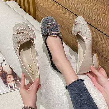 Единични обувки Дамски квадратни пръсти буци петата Rhinestone мода плитка уста лък обувки среден ток дамски обувки
