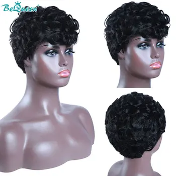 BeQueen къдрави перуки къси пикси нарязани човешка коса за жени естествен черен Remy коса 150 % плътност лепило евтини странични част човешки перуки