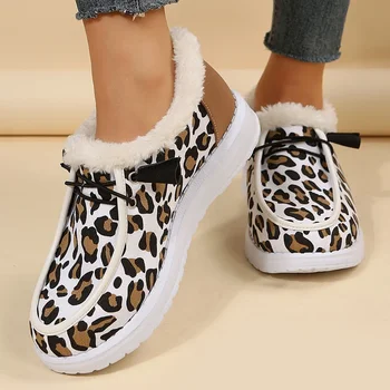 Жените леопард печат кожа руно облицована плоски леки удобни обувки сняг плюшени обувки мокасини обувки