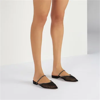 Mesh дизайн Bling декорация Slingback обувки заострени пръсти плоски с токчета Дамски чехли Chaussures Femmes Soldes Луксозна марка