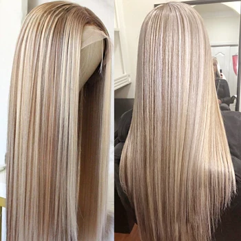 HD прозрачен 13x4 дантела предна перука човешка коса оригинален блондинка подчертае P18 613 бразилски кост прав фронтат перука за жени