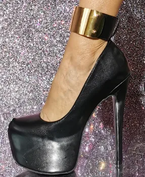 Нови жени секси черна платформа тънки петата помпи кръг пръсти златен метален глезена пръстен стилет нощен клуб парти рокля обувки за дама