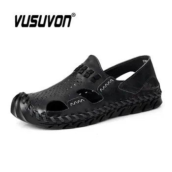 Мъжка мода Лято Нови ежедневни сандали Естествена кожа Възрастни Дебели подметки Плажни обувки без хлъзгане Keep Toe Black Flats
