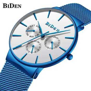 Топ марка BIDEN Луксозна синя мъжка мрежеста лента от неръждаема стомана Ултра тънък кварцов часовник Модни ръчни часовници Нови Relogio Masculino