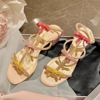 Дамски обувки 2023 Нова Т-каишка с панделка Дамски сандали Мода Кристална каишка за глезена със закопчаване на катарама Сандали Сапатос Муджер