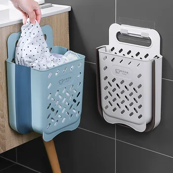 1PC Монтирани на стената мръсни дрехи Сгъваема кошница за пране Пластмасов организатор за съхранение Големи капацитетни Sundries за домашна баня