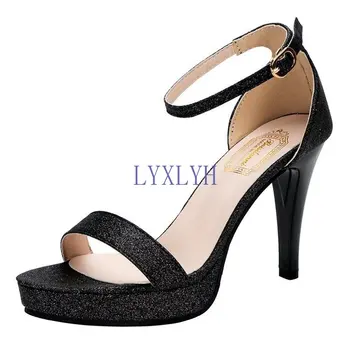2021 Нови класически секси дамски сватбени обувки отворени пръсти стилет високи токчета жени сандали черно злато и сребро