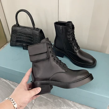 Нови обувки за жени размер35-41 естествена кожа ботуши мед токчета глезена ботуши дизайнерски обувки британски стил цип Zapatillas Mujer