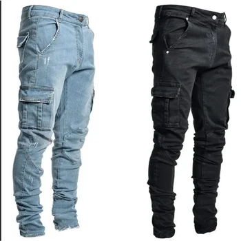 Мъжки дънки Мъжки панталони Измиване на стари твърди мулти джобове Дънков панталон Mid Waist Cargo Jean Male Slim Fahsion Ежедневни панталони S-4XL