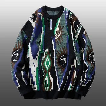 етнически ретро контраст цвят геометричен модел пуловер мъже пуловер пуловер издърпайте homme пуловер за мъже трикотажни кръг врата пуловер